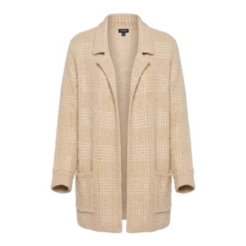 J. Jill Cardigan Sweater Women XL Beige Check Knit Long Line Pockets Cozy Fall